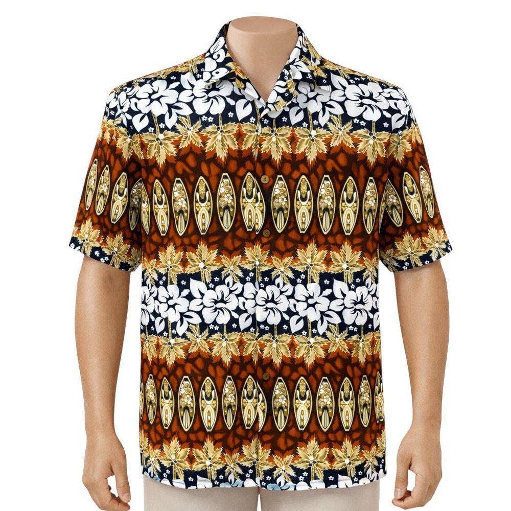 Aloha Hut Hawaiian Aloha Shirt XL Surf Boards Palms Hibiscus Flowers Brown Black